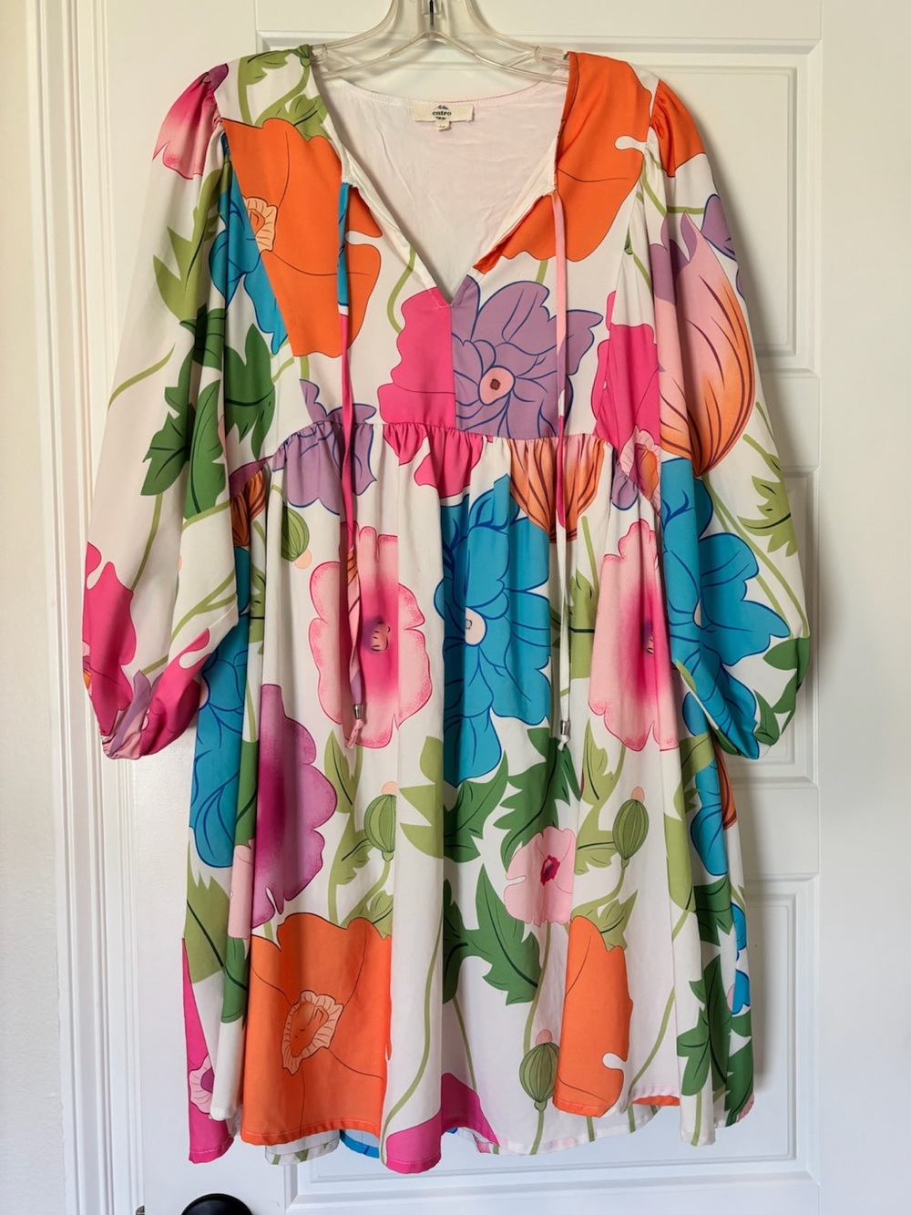entro Floral V-Neck Puff Sleeve Dress in White, Pink, Orange, Blue & Green